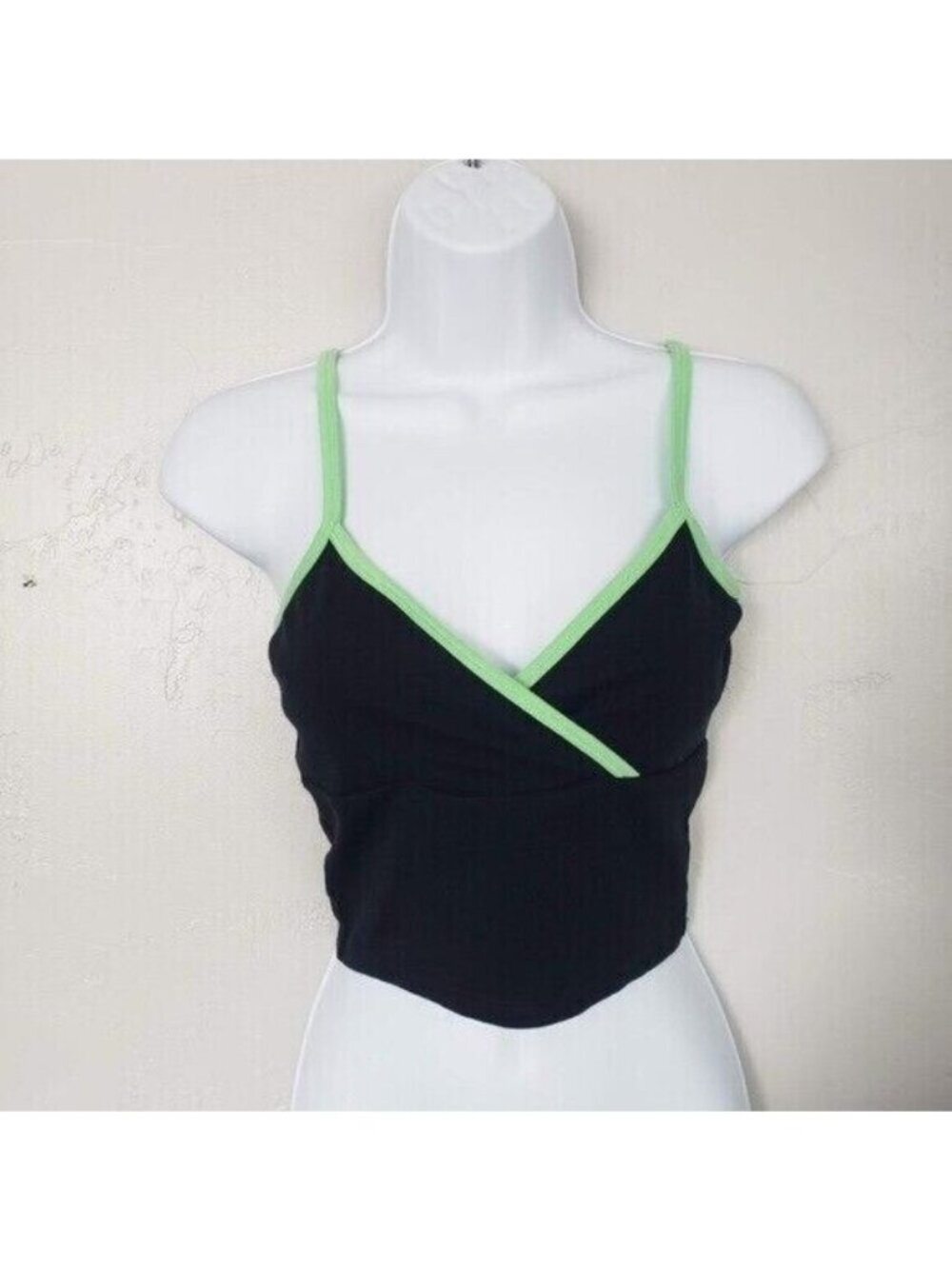 BP. NWT Women's XS Black Brami Cropped Tank Top Bralette Green Trim V-neck